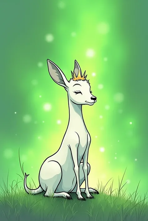 Dessin au trait dans le style du Petit Prince de St Exupéry  dune jeune antilope assise dans lherbe, les yeux fermés, entourée dune lumière verte éclatante.