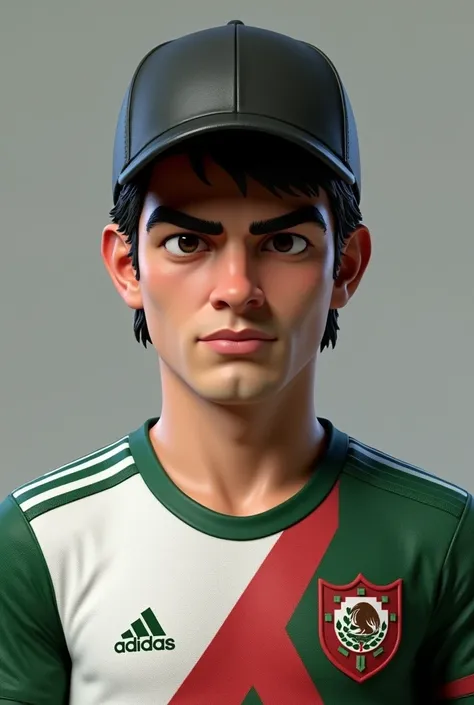 3d character man dark-haired doll with black cap and Mexico team shirt 