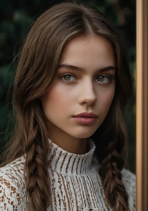 Woman with long hair and braids, wearing a white sweater, retrato sophie mudd, soft portrait photographed in 8k, beautiful young model, portrait of a beautiful model, beautiful portrait image, mulher with brown hair trançado, Beautiful young girl,  with br...