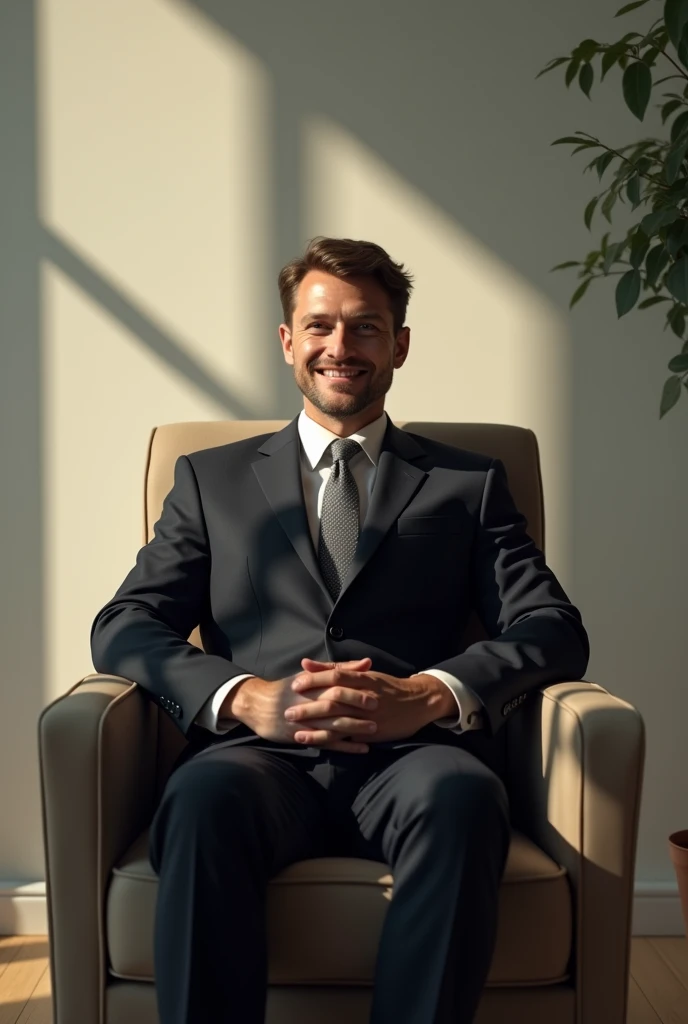 A man in a well-tailored suit, sitting comfortably on a chair, exuding calmness and mental peace. His posture is relaxed, with hands resting on his lap, and he has a gentle smile on his face. The background is minimalist, softly lit, emphasizing the man’s ...