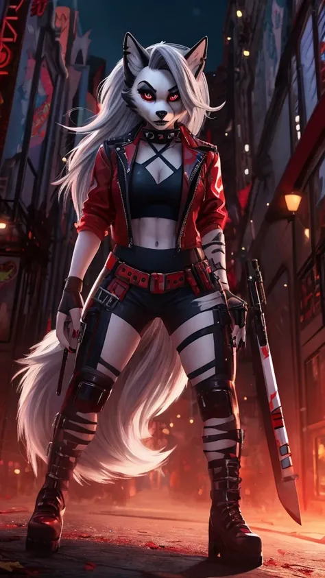 Loona from Helluva Boss, female wolf, anthro, mature adult, normal eyes, bright red contact lenses, stare, maniac, the purge, Suicide Squad Isekai Harley Quinn cosplay, detailed, solo, beautiful, high quality, standing, full body, 4K