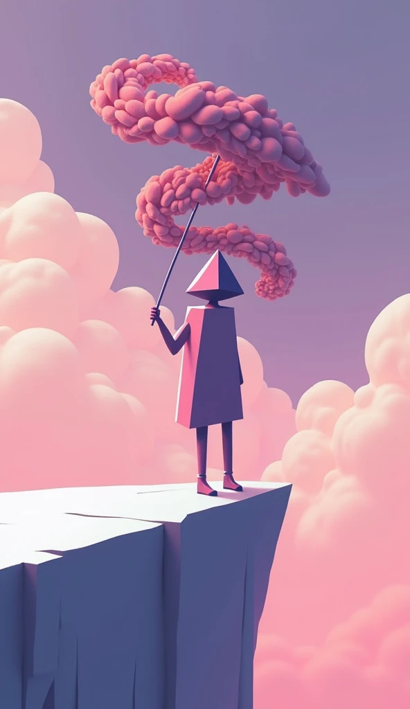 A geometric girl with a square head and trapezoid body stands on a cliff edge, her umbrella made of a complex spiral of swirling shapes. The wind gently pulls at her, and her triangular head tilts as if gazing off into the distance. The sky above her is fi...