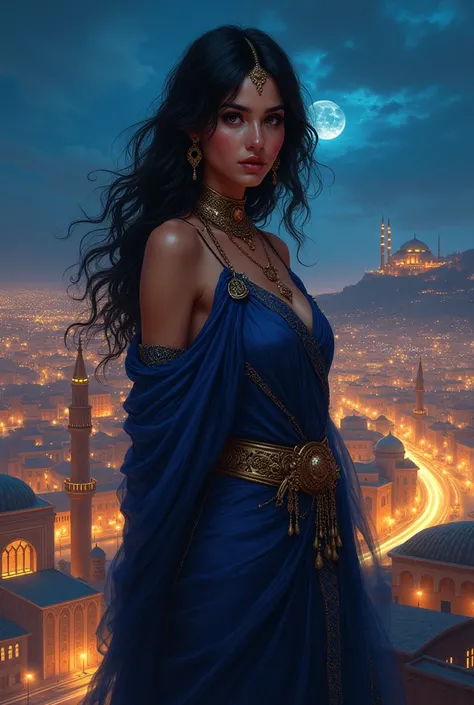 Hot Arabian woman, Arabian city, night, hill view 