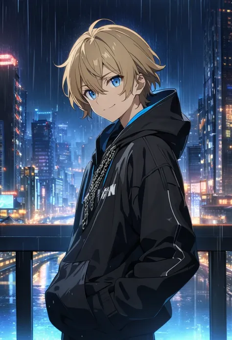 high quality, 8K Ultra HD, blue eyes, 1 male, male, black stylish hoodie, white shirt, silver chain, Anatomical correct, Best quality, anime, dark blonde hair, {{masterpiece}}, night time background, city background, solo, looking away from viewer, raining...