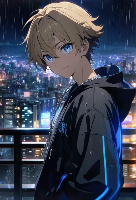 high quality, 8K Ultra HD, blue eyes, 1 male, male, black stylish hoodie, white shirt, silver chain, Anatomical correct, Best quality, anime, dark blonde hair, {{masterpiece}}, night time background, city background, solo, looking away from viewer, raining...