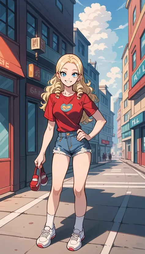 1girl, blonde hair, long hair, red shirt, big forehead, curly hair,  Denim Shorts Jean Shorts, | PrettyLittleThing
 looking at vewers, blue eyes, city, smiling, standing, , white trainers, medium breast, day, Shoe Lace, niples, pale skin, socks, long sleve...