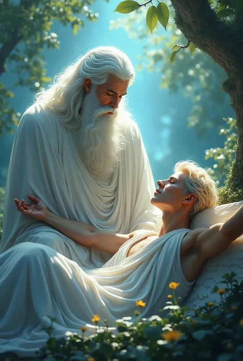 A beautiful white man with shiny white hair and with shiny blue eyes and with white eyebrows and eyelashes and a long shiny white beard God of heaven and a beautiful blond man Angel of heaven in a beautiful garden lying down with outstretched arms