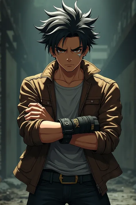 A teenage boy with Logan style hair smoking a cigar wearing a leather jacket with a scar on his cheek and wearing a fighting belt in his hand reaching up to his arm with his arms crossed anime style 