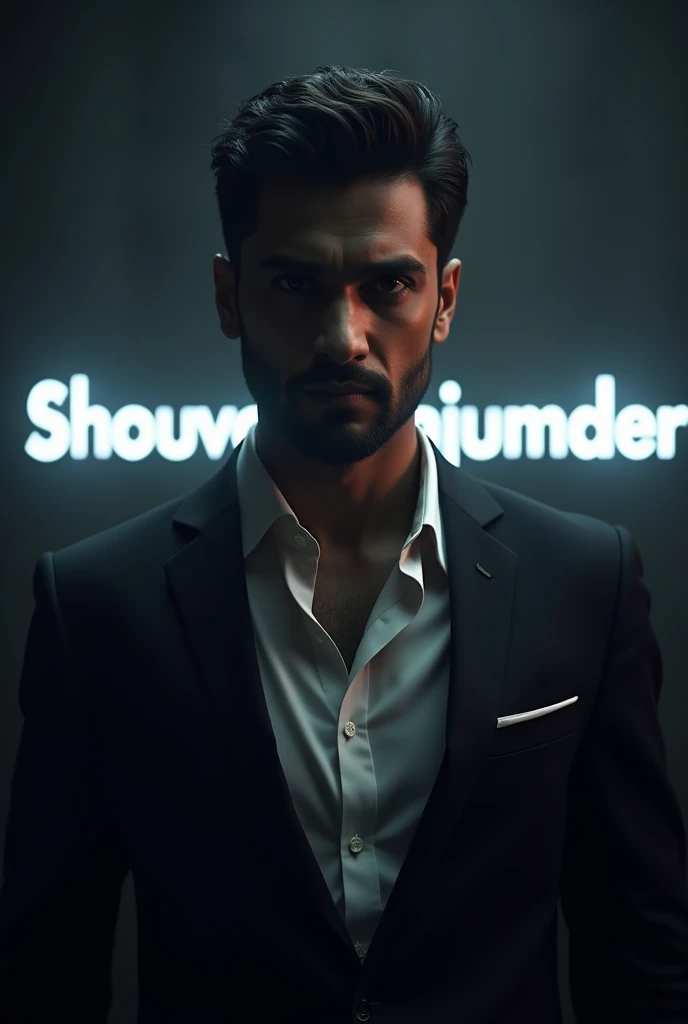 Create a highly realistic portrait of a 2 Bangladeshi man named Shouvo Majumder, standing in a dark room. He is wearing a blackblazer and a white shirt. The lighting should be dramatic, focusing on his handsome face with a light stubble, giving him a rugge...