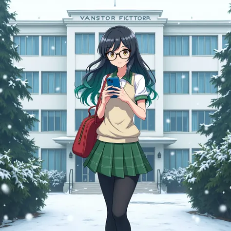 An 1 anime style woman standing at the entrance of a white six story school with blue tinted windows with trees and bushes around during the day while snow is falling  (entire plane), 166 cm tall, Its measurements are B 60, At 40, H 90; She has long, wavy ...