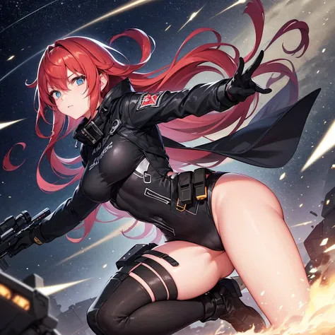 A futuristic sniper hunter in the middle of the vast and dark space, inspired by the game **Super Sus**. She wears a high-tech black robe, Just against the body, with strategic cuts that reveal part of the skin on the sides and thighs. O traje, equipped wi...