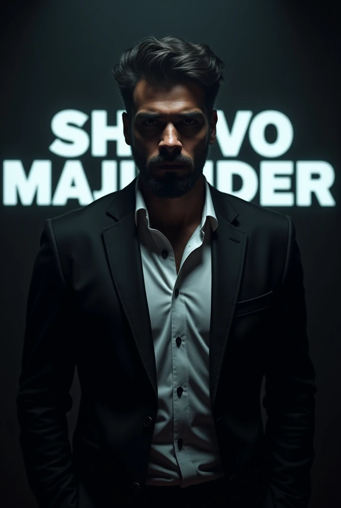 Create a highly realistic portrait of a 2 Bangladeshi man named Shouvo Majumder, standing in a dark room. He is wearing a blackblazer and a white shirt. The lighting should be dramatic, focusing on his handsome face with a light stubble, giving him a rugge...