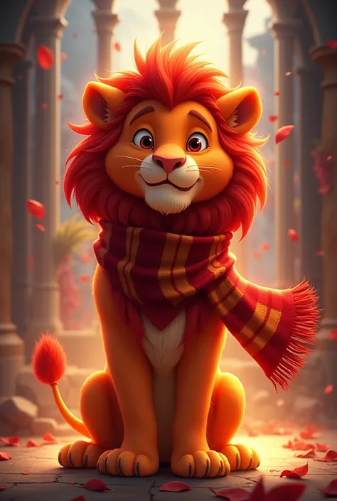 Cartoon red lion with glowing half transparent gryffindor scarf floating like smoke 