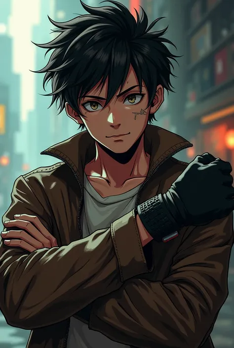 A teenage boy with Logan style hair smoking a cigar wearing a leather jacket with a scratch on his cheek and wearing a fighting belt in his hand reaching up to his arm with his arms crossed anime style 