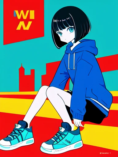 One Girl, Vector art, Flat Color, Pop Art, pattern, Cityscape, hoodie, Shorts, sneakers, Bobcut, whole body, stop temporarily, Squat, Low fi color, (Hyperov), (masterpiece,Highest quality:1.5)