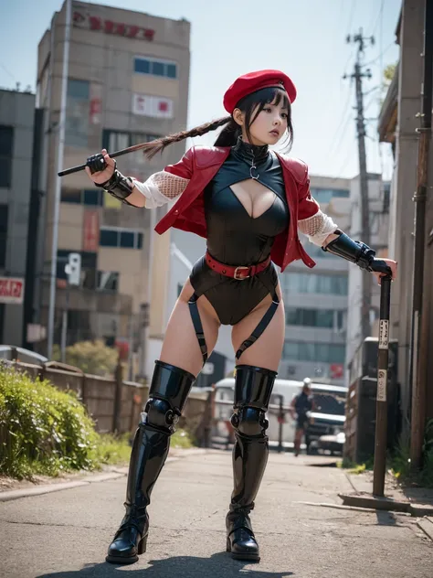 (((masterpiece, good anatomy, perfect face))), japanese cute child girl, bruises body, wearing torn black latex leotard, belt, red beret, fishnet pantyhose, red long lether boots, fighting stance, cleavage outcut, bare knuckle, sweat,battle with a male arm...