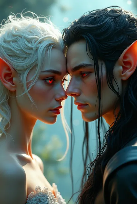 Two male elves with a pale skin. One is beautiful woman with a short white curled hair, elven ears and red eyes. a male with long black hair and red eyes, his cheekbones wide and his nose aquiline. Both appeared to be about 40