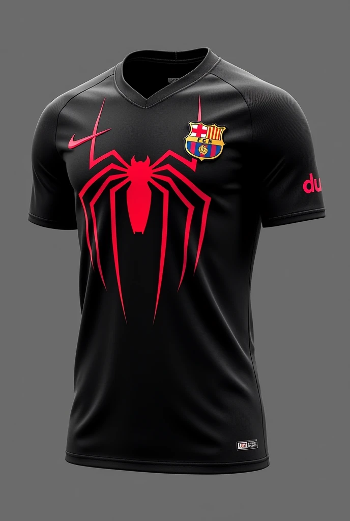 The new black Barcelona uniform with the red Spiderman logo in the middle, little 
