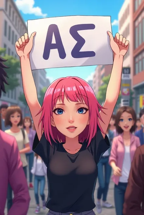 angel,pink  hair,teen ager, fan, In the middle of the crowd, happy,with arms up, anime,blusa preta,segurando um cartaz no alto,cartaz escrito Epsilon 