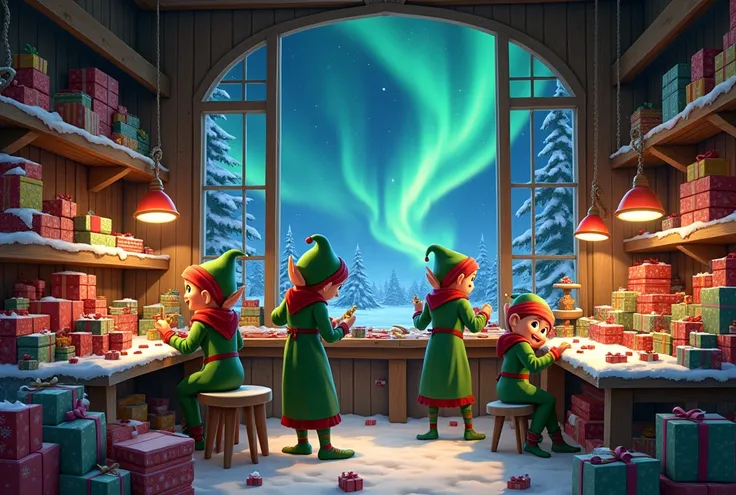 Santas Workshop: An inside view of Santas workshop, bustling with cheerful elves making toys, colorful presents stacked high, and a large window showing the northern lights outside.