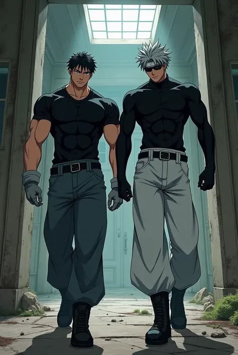 Make 2 anime characters, character 1 has a black shirt and black hair too, and his very large pants are gray, his boots are black and his gloves are gray, the character is muscular., and his friend who is character 2 who has gray hair and also has an acces...