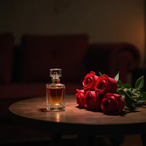 table,perfume,Red Roses,The light is dim.,sofa