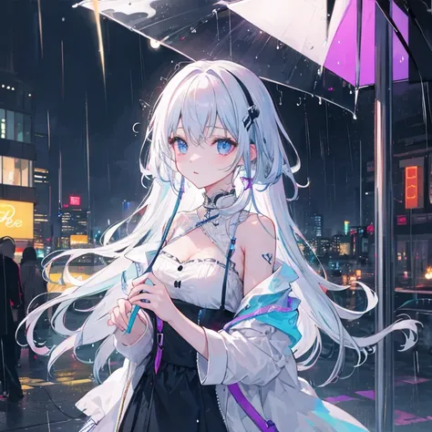 Neon lights, beautiful girl, elegant, raining