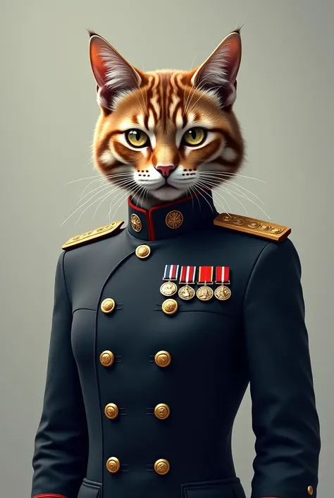 a cat in a naval military uniform, a stern-looking real hero of the Patriotic War in a vest