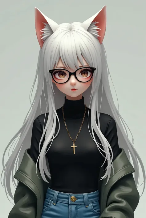 A girl with white long hair and cat ears in glasses with a black frame in blue jeans and a black turtleneck with a cross on her neck 