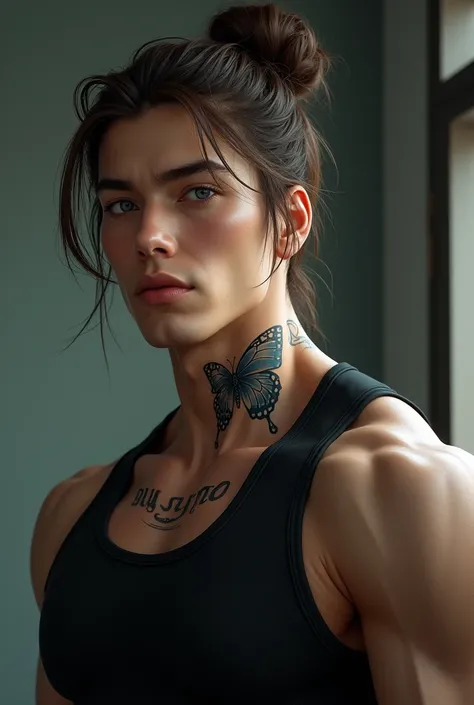 naughty man,  Blue-eyed SWAT, Light brown bun hair, muscular body and butterfly tattoo on neck, asian features 