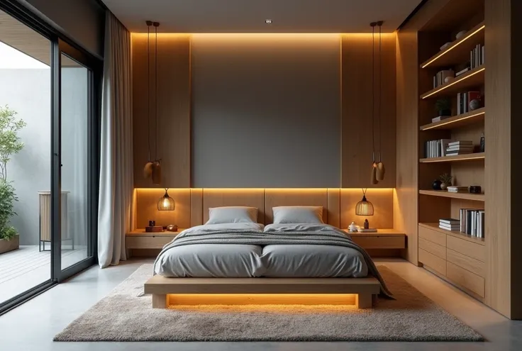 Bedroom design for adults in villa, WABISABI design style, oak furniture, glass door, rèm che glass door, đèn led vàng nhẹ đi dưới đồ oak furniture, GRAY Ceiling, gray house wall, gray floor, has bookshelf, decorative items for bedroom, cozy feeling,