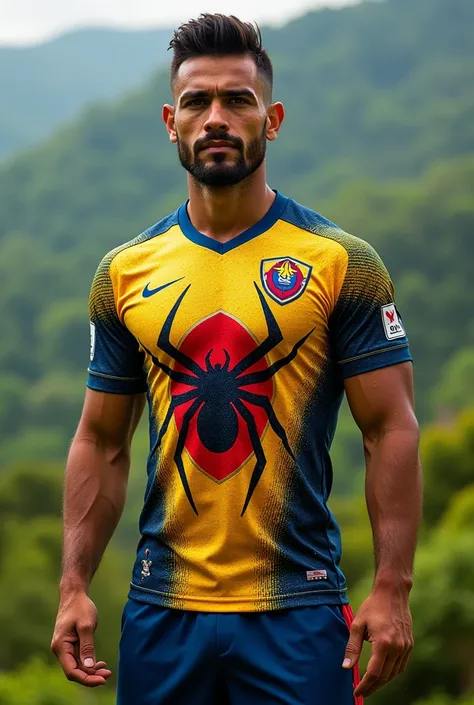 A jersey with a spider painted on the front, and with the Colombian shield in red 
