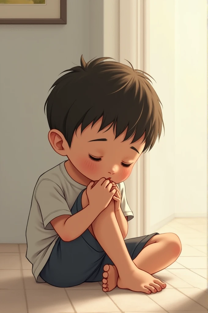 A young boy kissing on his own knee