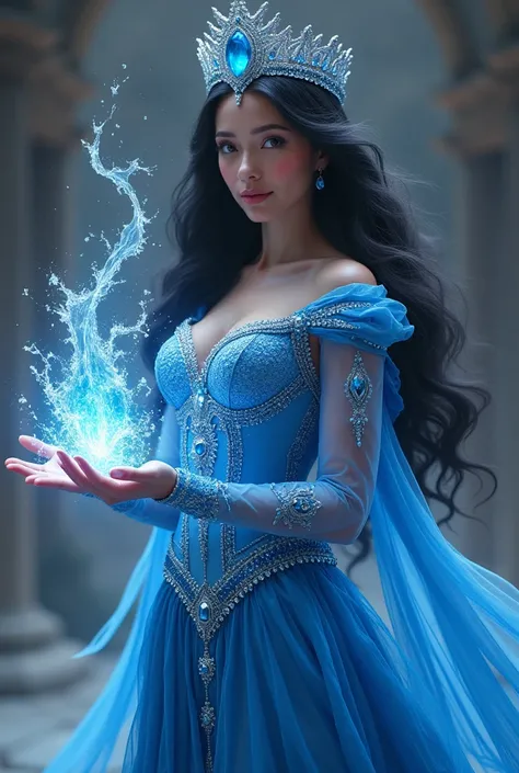 Woman dressed as a princess, the dress is blue with blue diamonds, her hair is long black, she has a crown of sapphires and she has the element of water in her hands 