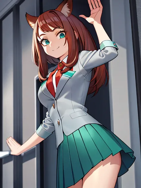 (Girl with brown hair with turquoise tips) (short fox ears) (turquoise blue eyes) (long hair to the legs) (look: happy) (locker room: U schoolgirl uniform.A) (Light grey blouse, Red tie, Dark green skirt) (big breasts) School uniform, shackles, green skirt...