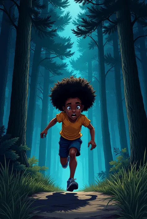 African-American boy with afro scares by running from angry people into a pine tree at night, comic style
