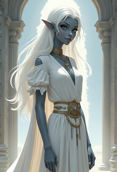 masterpiece, 1man, extremely detailed character, full body shot, best quality, dnd, dungeons and dragons, Changeling noble paladin wearing white lightweight clothes, dark grey skin, stunning white hair, skinny, cartoon style