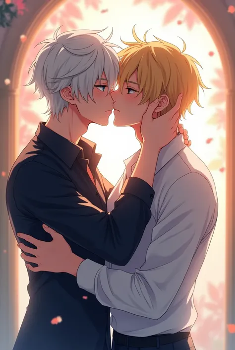 Anime of  a young man with white hair and blue eyes kissing a man, blonde, High resolution, quality, boys love, yaoi