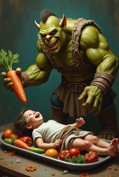 girl lying face down on a tray, all tied up and smiling at an orc who is looking at her and showing a big carrot. the girl is ]surrounded by vegetables.