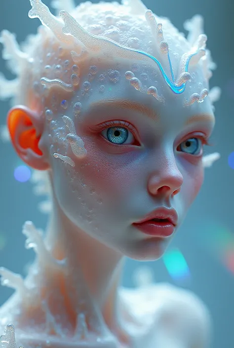 Photorealistic portrait of an otherworldly, translucent being with iridescent skin. Extreme close-up showcasing intricate, organic patterns resembling delicate frost crystals or coral formations across the face and neck. Skin texture varies from smooth and...