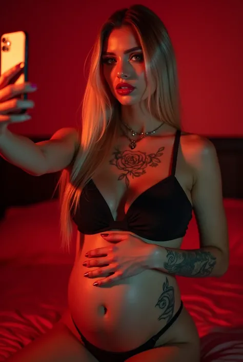 Sexy selfie with the phone in hand in the bedroom wearing sexy underwear, is A beautitful caucasian woman, long blonde straight styled hair,hazel blue eyes,rose neck tattoo,long luscious lashes,pouty glossy lips,tribal tattoo,thick curves with a pregnant b...