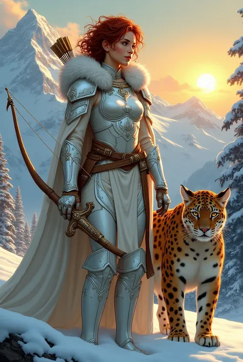 Beautiful female ranger in furlined white armor, with shoulderlength unruly curly dark red hair, with longbow and sword, dark golden big jaguar cat, winter mountain landscape, sunrise early morning light, alphonse mucha style