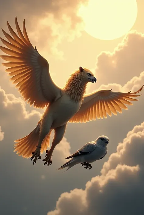 (photorealism1,2) a griffin flying on air followed by a grey hawk