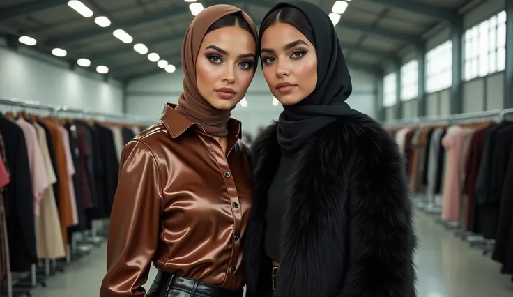 Portrait of two beautiful 2 petite female jezebel students with fluffy fur and glossy latex hijab and natural eyebrows interplay, wearing a brown shiniest satin button-placket-blouse with a contouring slick-lacquered satin top over it and wearing shortest ...