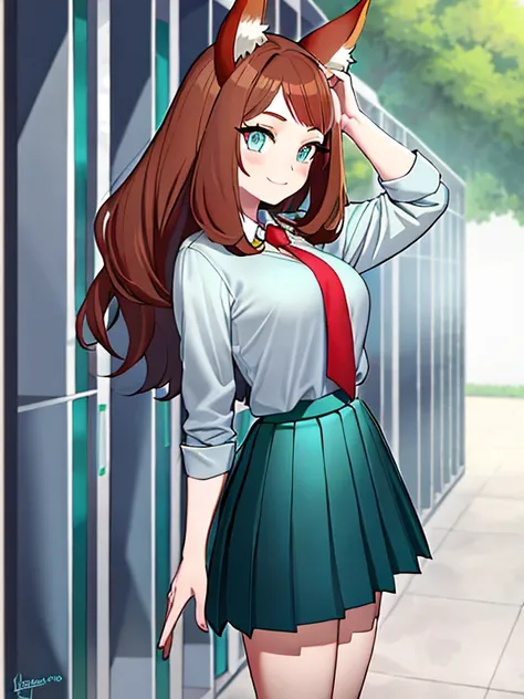 (Girl with brown hair with turquoise tips) (short fox ears) (turquoise blue eyes) (long hair to the legs) (look: happy) (locker room: U schoolgirl uniform.A) (Light grey blouse, Red tie, Dark green skirt) (big breasts) School uniform, shackles, green skirt...