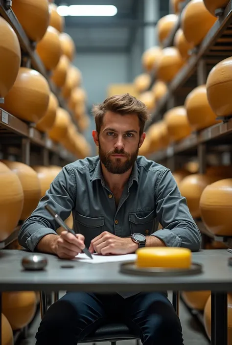 ludovic ingenieur en tuyau inox 30 ans cheveux brun, assis avec un bureau dans une usine, des centaines de fromage et de tuyaux en arriere plan, beaucoup de tuyaux en acier brillant, 
