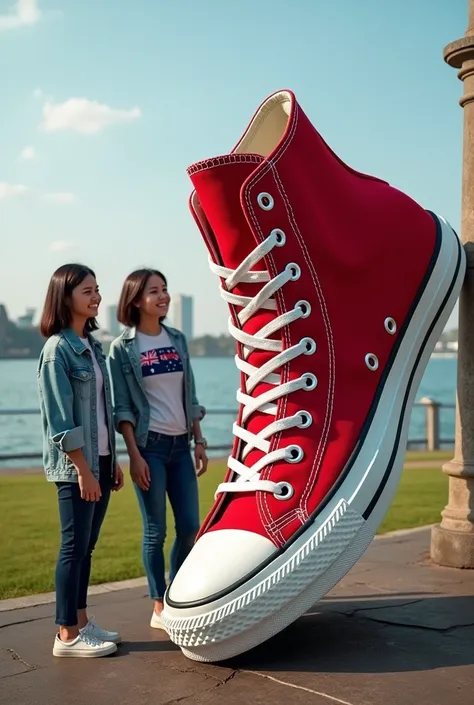 Realistic photography. a giant red hight sneaker came out of it while peeking at a young man with a smiling expression on his Indonesian face. next to him stood folding his arms across his chest. Young Indonesian woman with short, straight, shoulder-length...