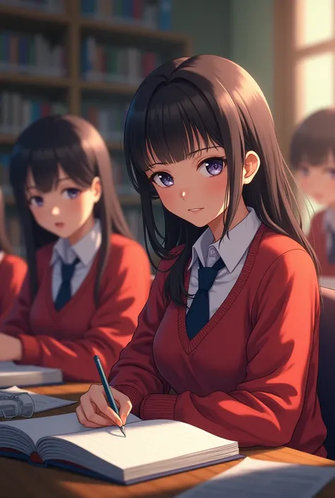 Teenage students female and male separated somewhat serious attractive with red sweater, Dark blue tie, with white shirt, studying in a library 