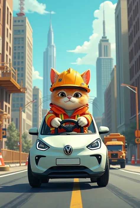 A cat wearing construction site uniform and a hat driving an electric car