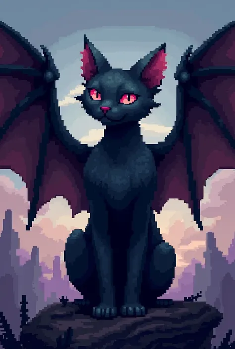 Black cat with wings in pixel art